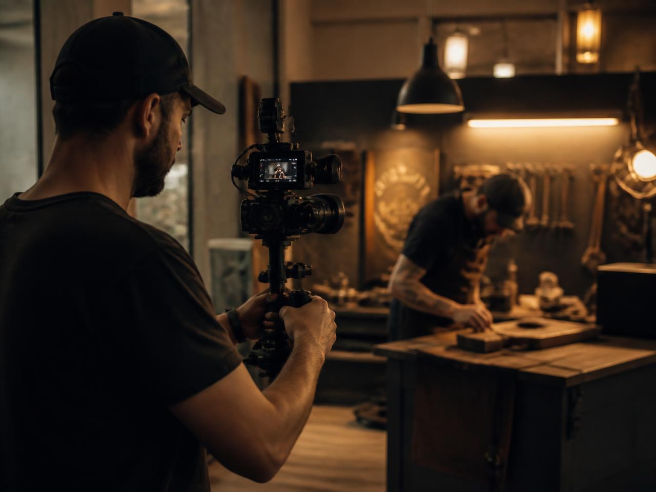 Filmare med gimbal filmar i en verkstad